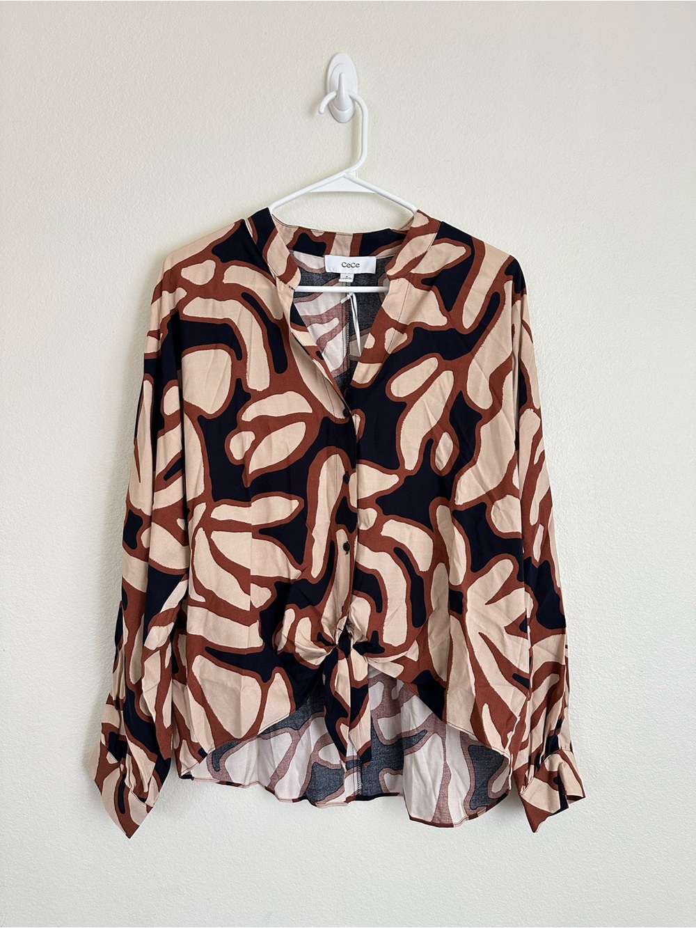 CeCe Brown, Beige & Black Abstract Tie-Front Button Down